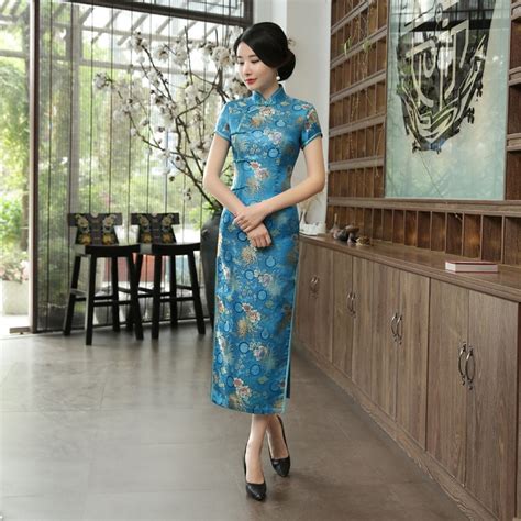 chinese blue long tight satin cheongsam women sexy lace qipao handmade