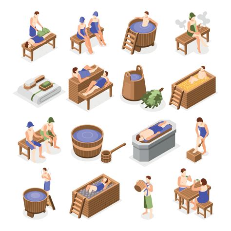 bathhouse  spa relaxing isometric icons  vector art  vecteezy