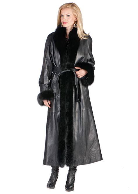 Long Leather Coat For Women Black Fox Fur Trim And Fox