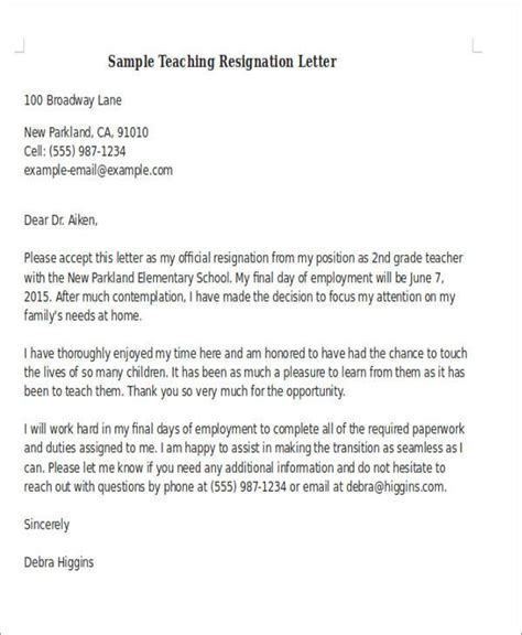 sample teaching resignation letter letter  teacher teacher