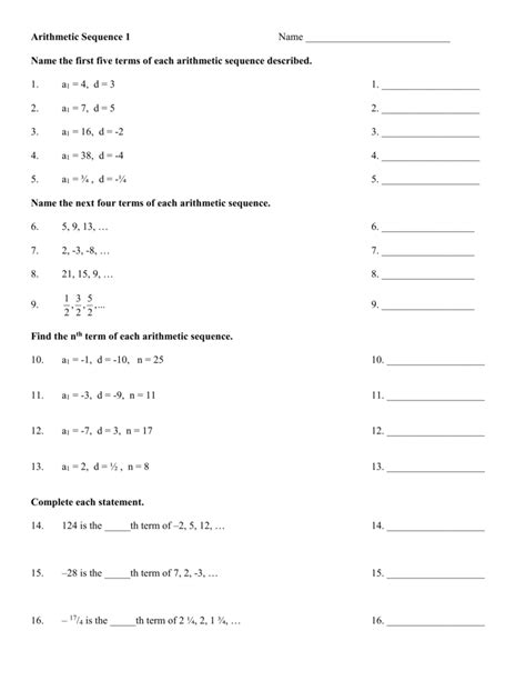 arithmetic sequence worksheet  db excelcom