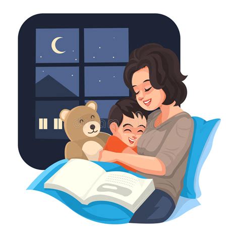 bedtime mother tell story with her son at night vector stock vector illustration of happy