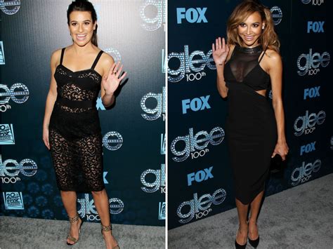 lea michele and naya rivera wear duelling see through black dresses to glee party