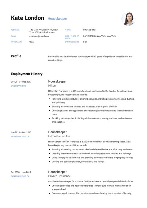 resume guide housekpeer  resume samples