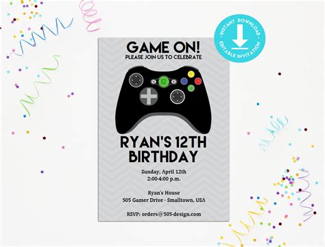 template  printable video game birthday party invitations