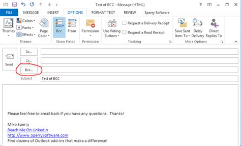 add  bcc  outlook emails sperry software