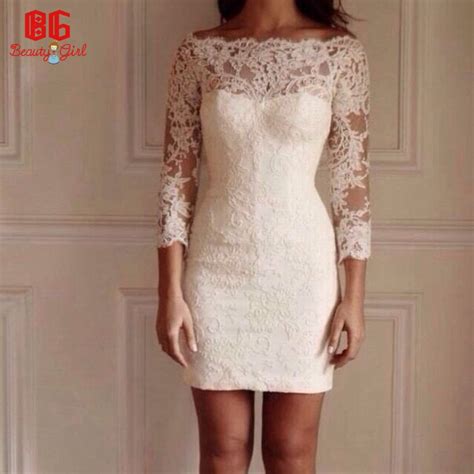 2015 new arrival white lace cocktail dress 3 4 length sleeves above