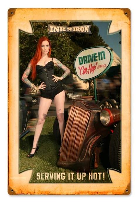 inches trans vintage drive  car hop pin  girl metal sign