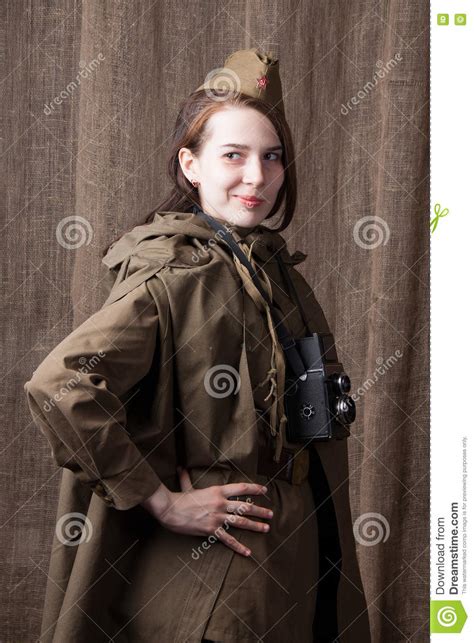 Woman In Russian Military Uniform With Camera Female War