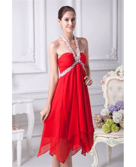 hot red short chiffon crystal prom dress with long halter