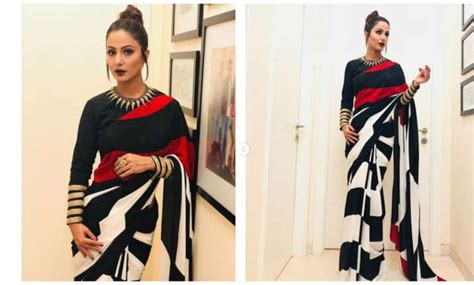 hina khan looks classy and sassy in multi coloured thick striped saree