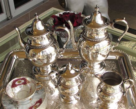 academy silver  copper tea service silverplate  piece tea etsy tea pots vintage tea