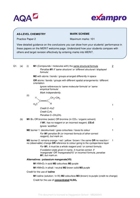aqaas level chemistry paper mark scheme  practice paper