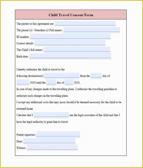 travel consent form printable printable forms