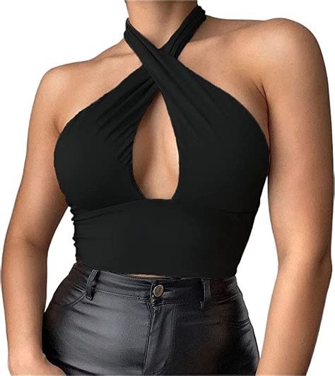 women s sexy criss cross halter crop top y2k sleeveless cutout crop