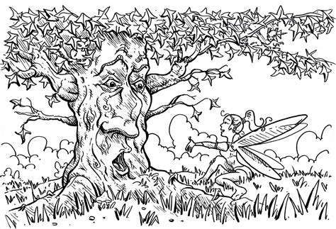 tree  speaks   fairy flowers adult coloring pages