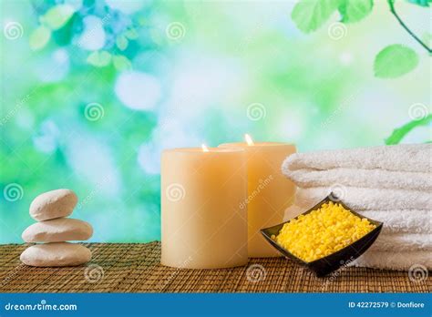 Spa Massage Border Background With Towel Stacked Candles And Sea Salt