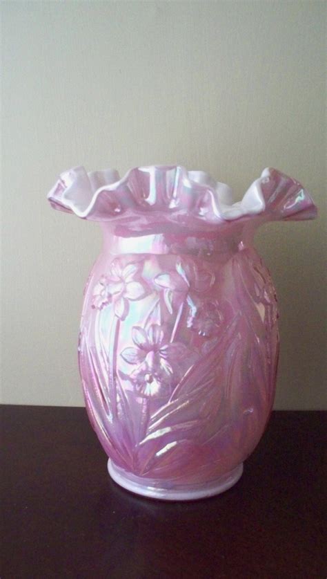 Vintage Fenton Glass Daffodil Vase Pink Iridescent Ruffled