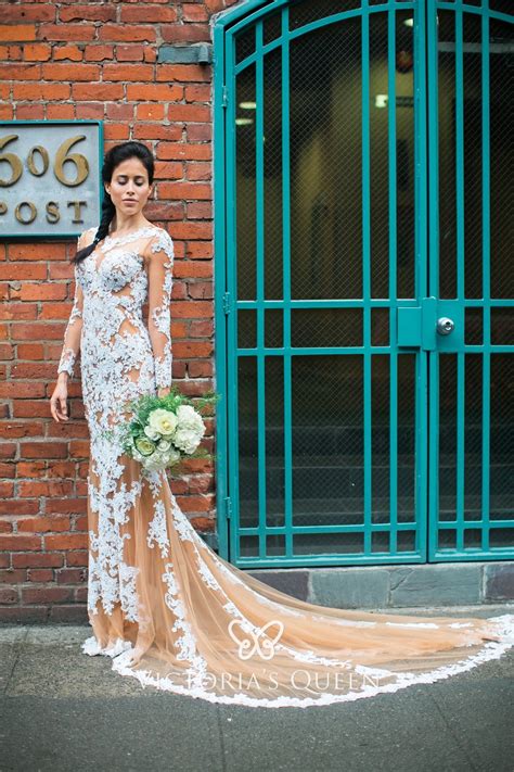 sheer nude tulle white lace mermaid sexy wedding dress vq