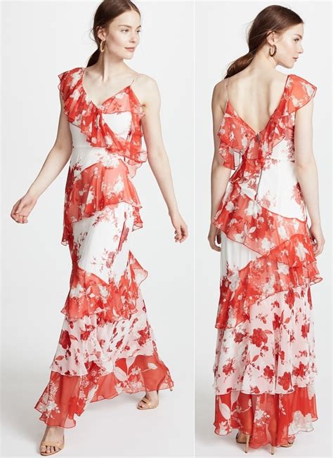 Hillary Scott In Floral Print Olympia Asymmetrical Silk Maxi Dress