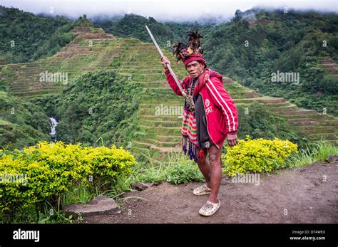 Banaue Old Ifugao Man In National Dress Next To Rice Terraces