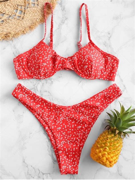 [popular] 2019 Zaful Tiny Floral Underwire Bikini Set In Lava Red S Zaful