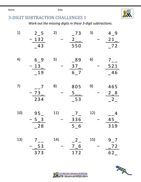 digit subtraction worksheets