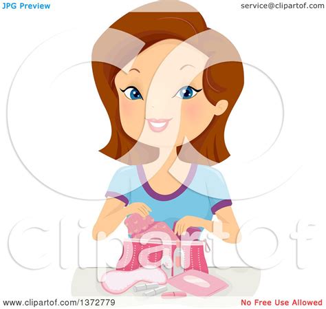 clipart of a brunette white teen girl with a bag of beauty accessories royalty free vector