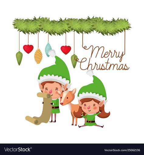 Elves Couple With List Ts And Merry Christmas Vector Image