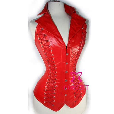 red faux leather lace up back steel boned goth steampunk collar corset