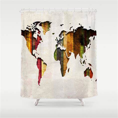 world map shower curtain stripes on fabric bathroom decor etsy