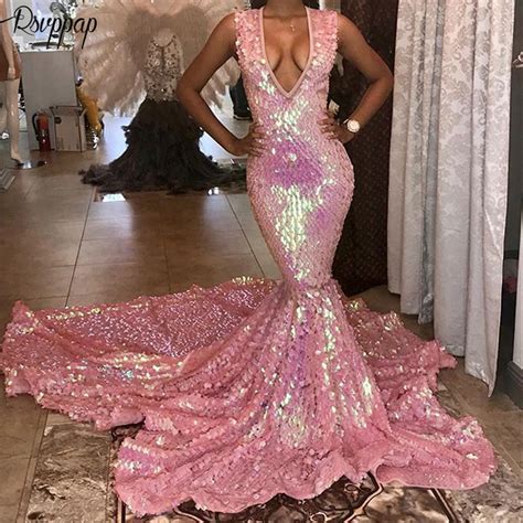 long prom dresses 2019 sparkly v neck sexy mermaid party bling bling
