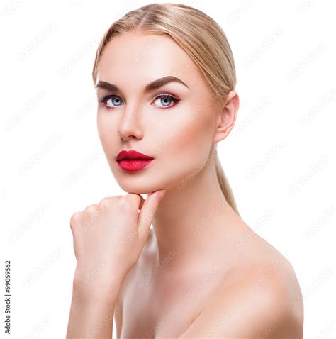 Portrait Of Beauty Blonde Girl With Bright Makeup Isolated On White