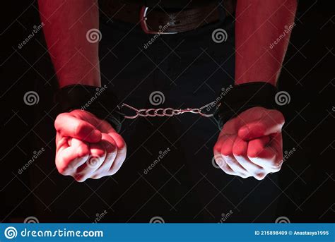 Men S Hands Chained In Leather Handcuffs For Bdsm Sex Behind His Back