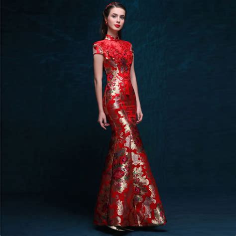 red satin chinese dress bride wedding qipao long modern cheongsam