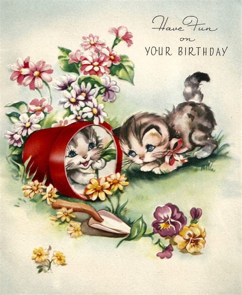 retro vintage birthday card cute kittens cats digital  etsy