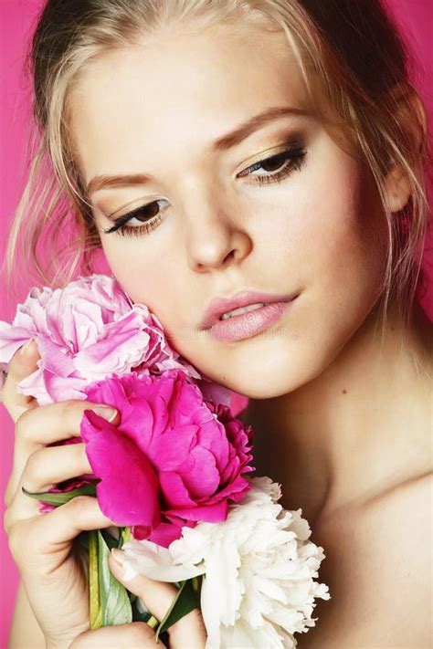 Young Beauty Woman With Flower Peony Pink Closeup Makeup Soft Tender