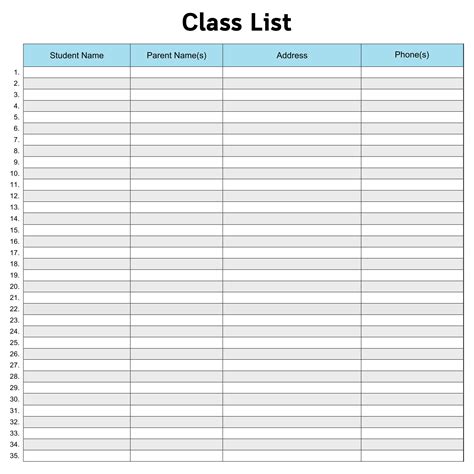 class list blank printable     printablee
