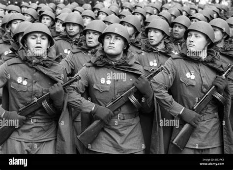 Soviet Soldiers In Wwii Uniform Parade In The Red Square On The