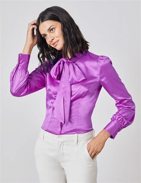 plain satin women s fitted blouse with single cuff and pussy bow in