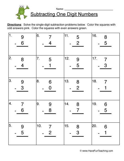 single digit numbers subtraction worksheet  fun teaching