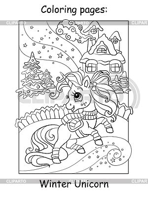 coloring book page cute unicorn  winter background stock vector
