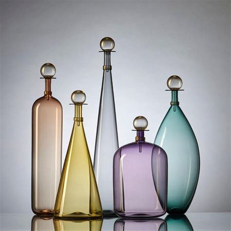 Group Of 5 Modernist Hand Blown Glass Bottle Vases In