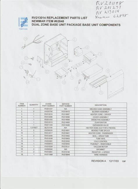 evans tempcon spec sheet rv replacement parts list newmar number  comfort air
