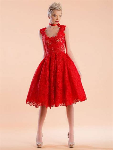 Red Lace Dress V Neck Sleeveless Shaping Midi Dress Women