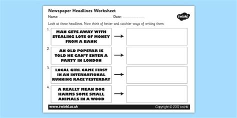 newspaper headline writing worksheet newspaper headlines newspaper
