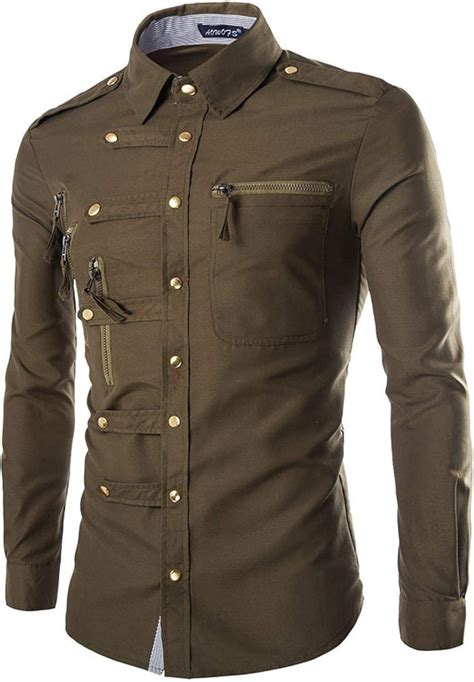 mens casual cargo shirts solid color slim button decoration creative design personality trend