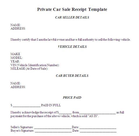 printable private car sale receipt template printable word searches