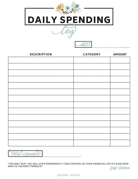 daily spending log printable sheettool finances savor savvy