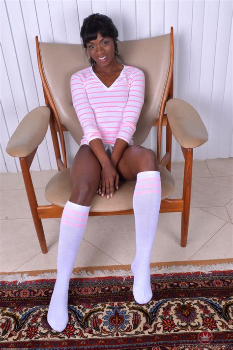 Ebony Milf Ana Foxxx In Striped T Shirt And White Socks Shows Off Her Holes